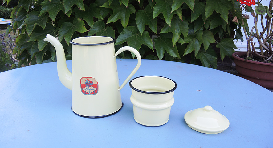 French Enamel Coffee Pot Cafetière, Vintage White Enamel With