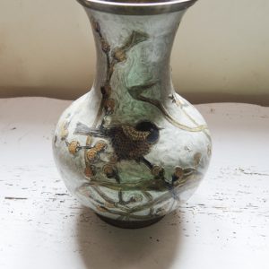 Vase Vintage En Laiton Emaillé Cloisonné D’Oiseaux