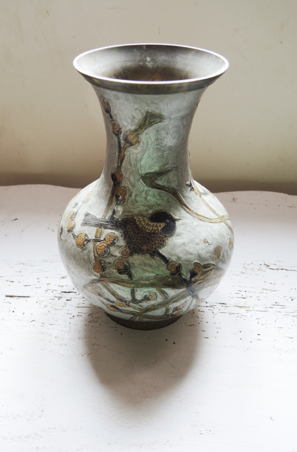Vase Vintage En Laiton Emaillé Cloisonné D’Oiseaux