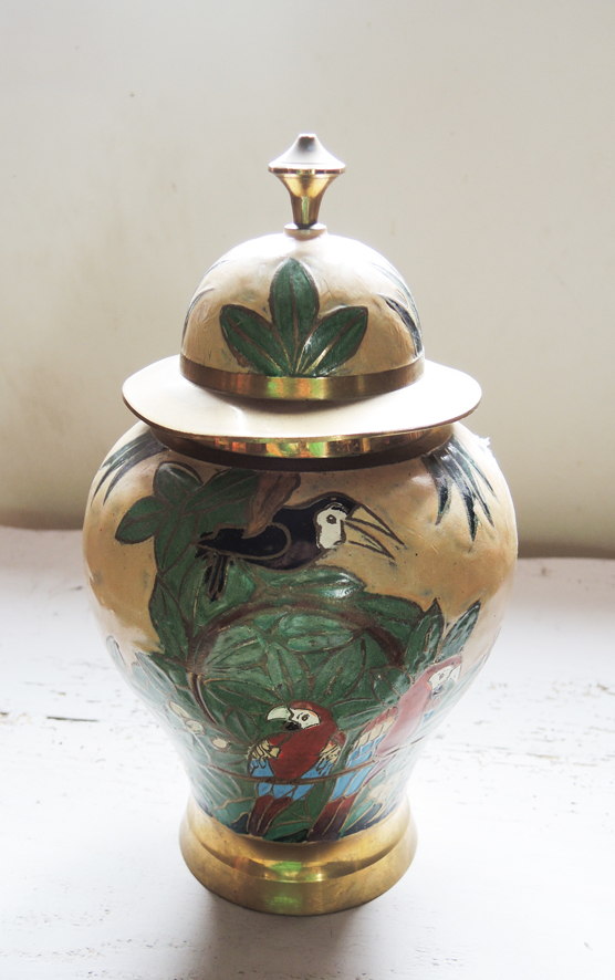 Pot Vintage En Laiton Emaillé À Décor D’Oiseaux