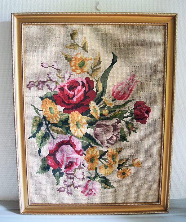 Tapisserie-Canevas Vintage Fleurs Encadrée H 53 x LA 41 cm