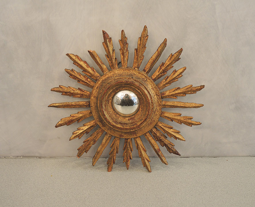 Miroir soleil doré, oeil de sorcière convexe années 60-70 vintage