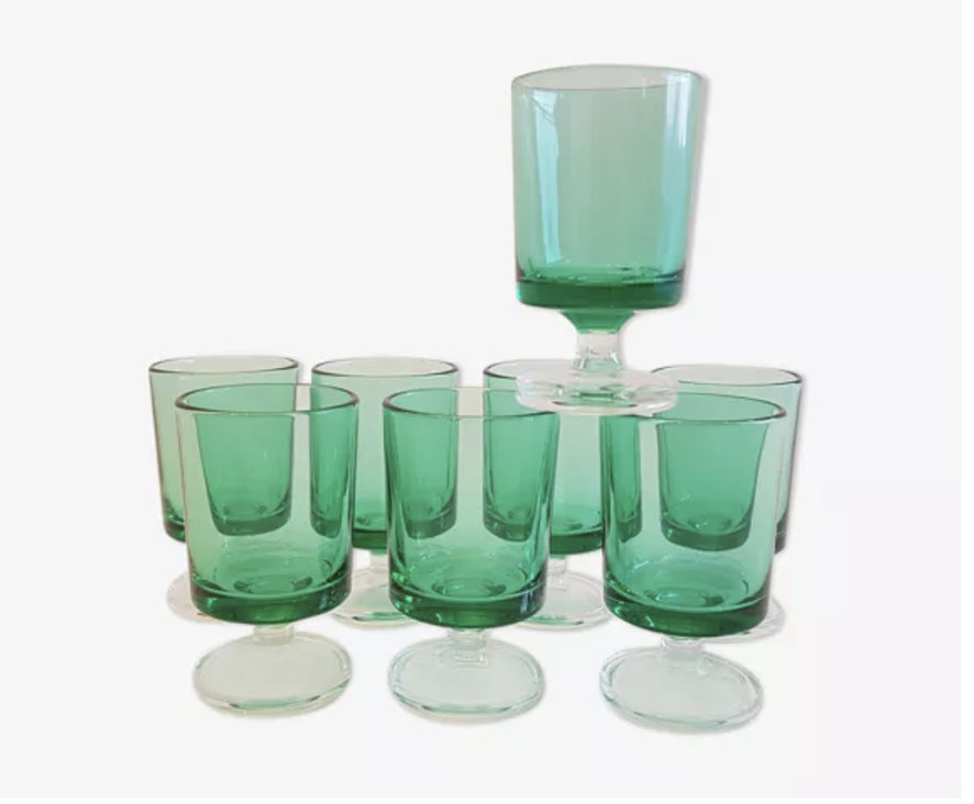 6 Anciens Verres à Digestif Luminarc Vert Clair H7 cm - Vintage French