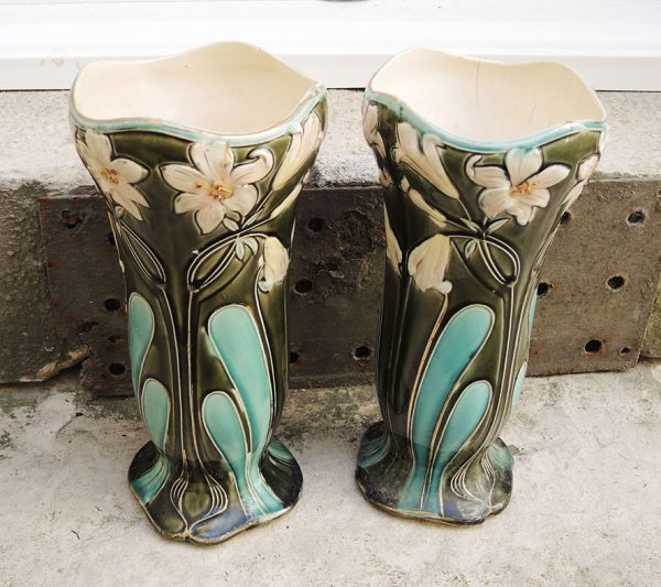 Paire de Vases Vintage en Céramique Style Art Nouveau