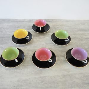 6 Anciennes Tasses à Café avec Soucoupes Multicolores - Faïencerie de Digoin