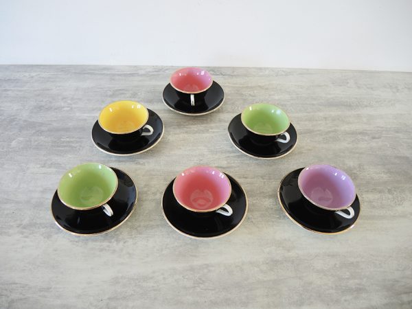 6 Anciennes Tasses à Café avec Soucoupes Multicolores - Faïencerie de Digoin