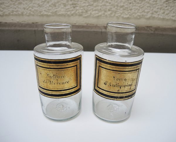 2 Pots à Pharmacie Vintage : Sulfure de Mercure - Verre dAntimoine