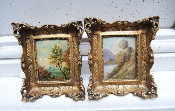 Anciens Tableaux de Paysages Miniatures Signés & Encadrés