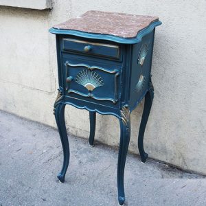 Ancienne Table de Chevet Marbre & Bois Bleu Canard