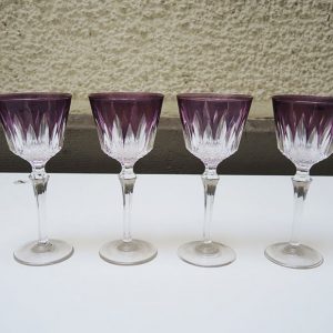 4 Anciens Verres à Pied en Cristal Taillé Transparent & Violet