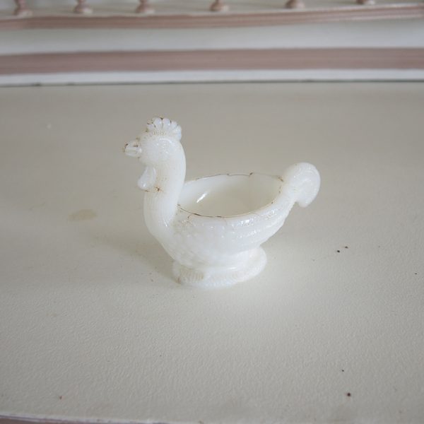 Ancien Coquetier Coq en Verre Opaline Blanc