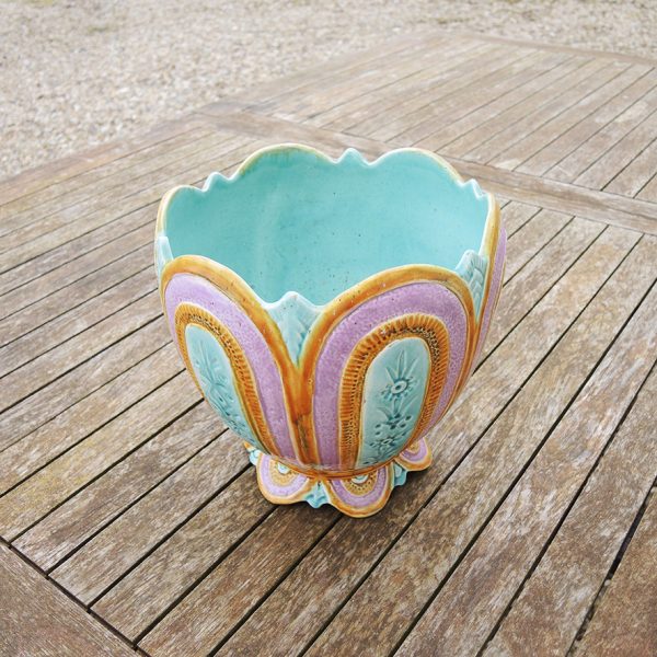 Ancien Cache-Pot en Faïence Couleurs Pastel