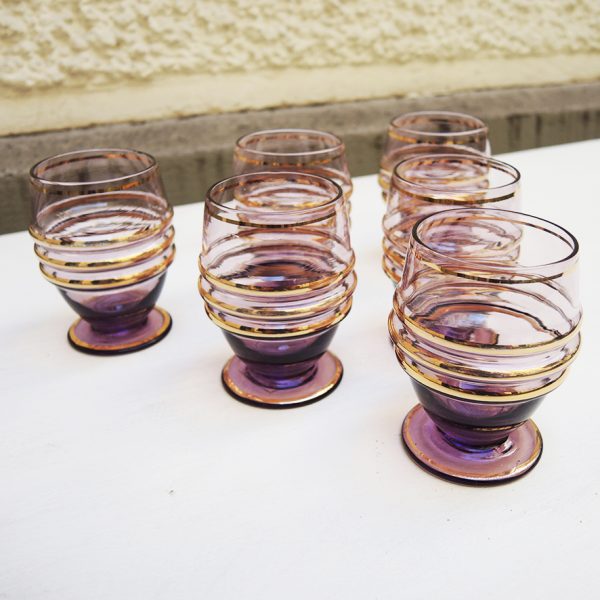 6 Anciens Verres à Liqueur Violet de Style Art Déco