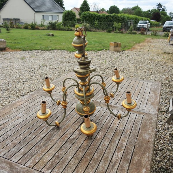 Ancien Lustre 6-Ampoules en Bois Patiné de Style Florentin