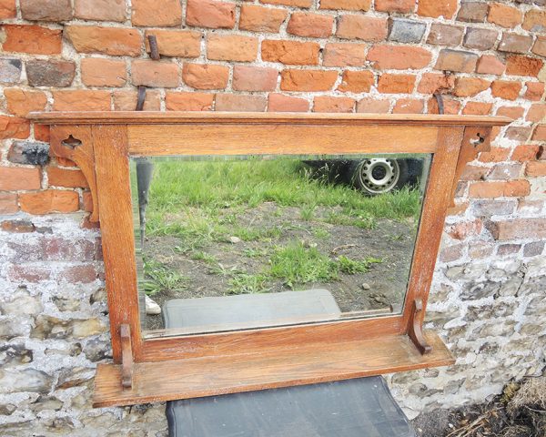 Ancien Miroir Biseauté avec Cadre s & Tablette en Bois