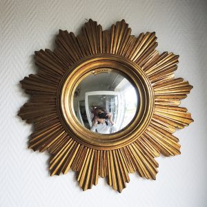 Ancien Miroir Soleil Sorcière Doré à La Feuille