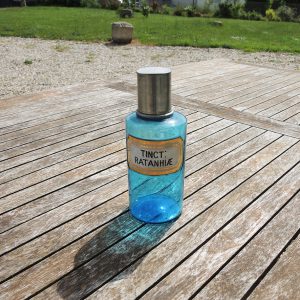 Ancien Pot Apothicaire en Verre Bleu Tinct Ratanhiae