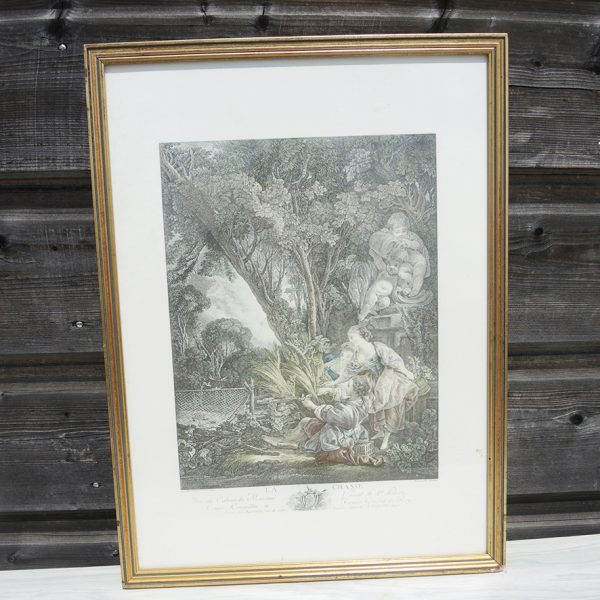 Ancienne Lithographie Encadrée La Chasse de Beauvarlet Jacques Firmin