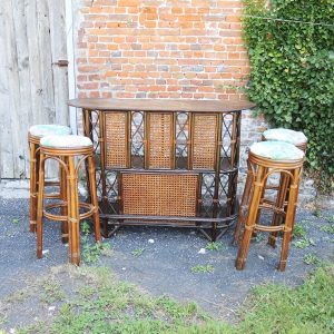 Ancien Bar en Rotin & Cannage avec 4 Tabourets