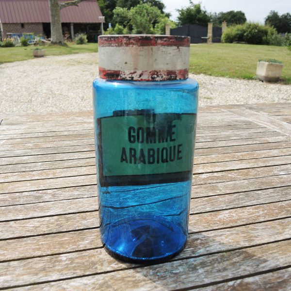 Ancien Pot Apothicaire en Verre Bleu - Gomme Arabique
