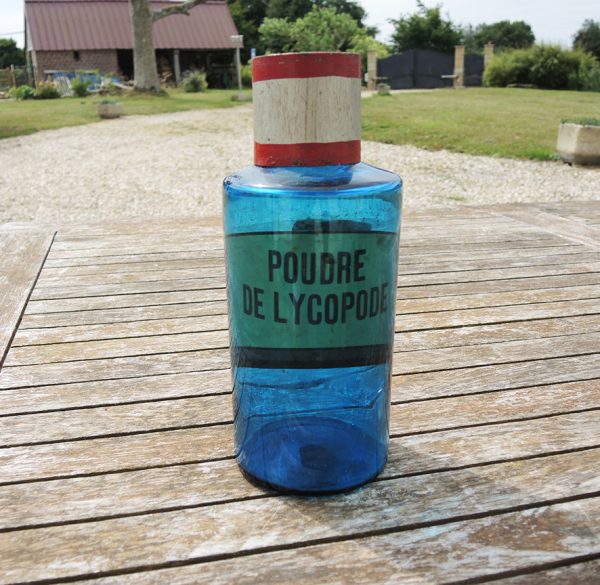 Ancien Pot Apothicaire en Verre Bleu - Poudre de Lycopode