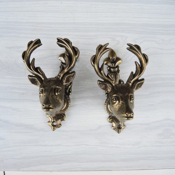 2 Anciennes Poignées en Laiton Doré Cerf
