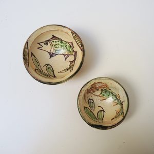 2 Anciens Bol en Terre Cuite Emaillée Décor Poisson