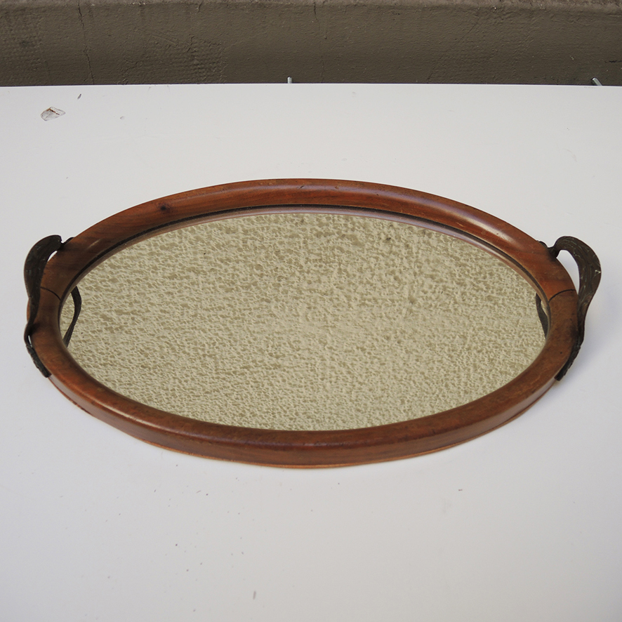 Ancien Plateau en Bois & Miroir de Style Art Déco (1)