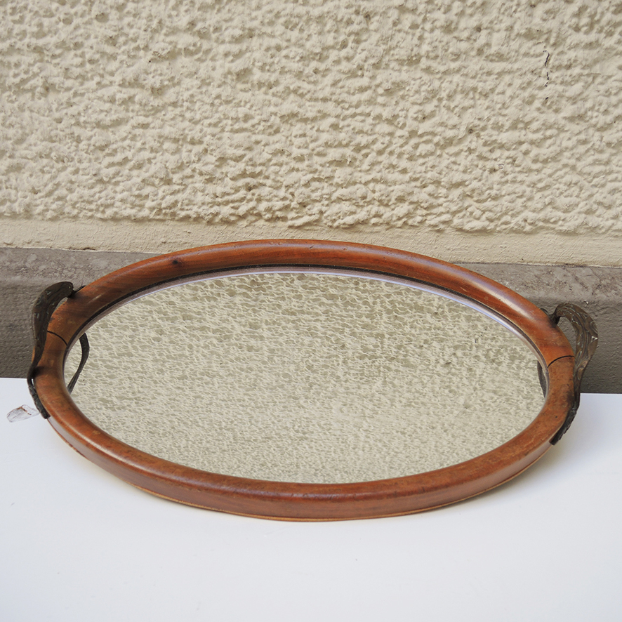 plateau-bois-art-deco-vintage Ancien Plateau en Bois & Miroir de Style Art Déco