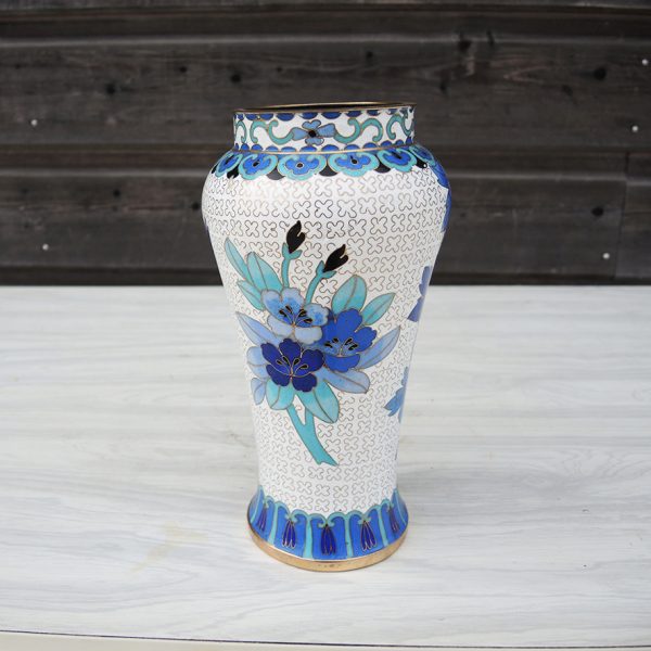 Ancien Vase en Laiton Emaillé Décor Floral