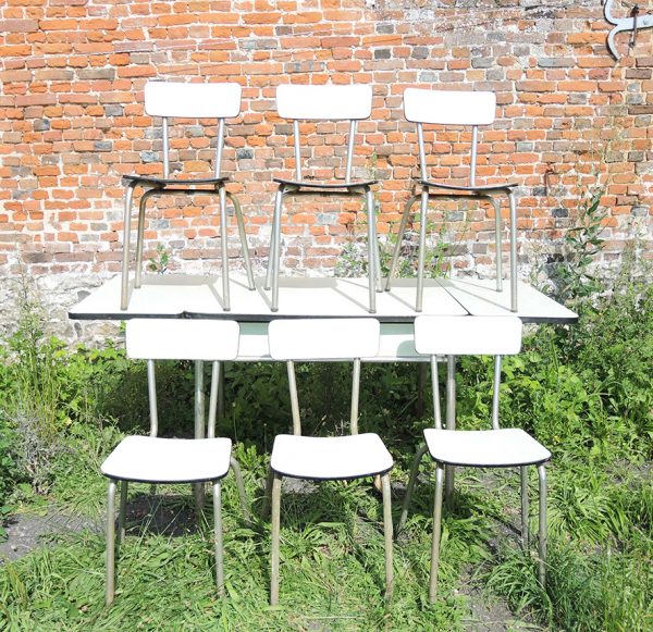 Table & 6 Chaises Anciennes en Formica Vert d'Eau