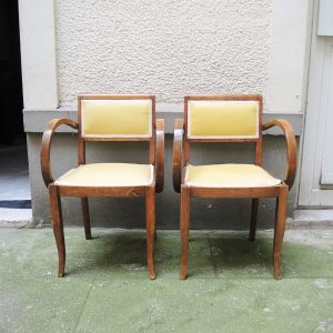 2 Anciens Fauteuils Bridge en Bois & Revêtement Jaune