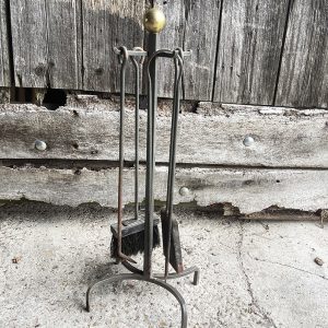 Ancien Serviteur de Cheminée en Fer Forgé & Laiton 4-Outils