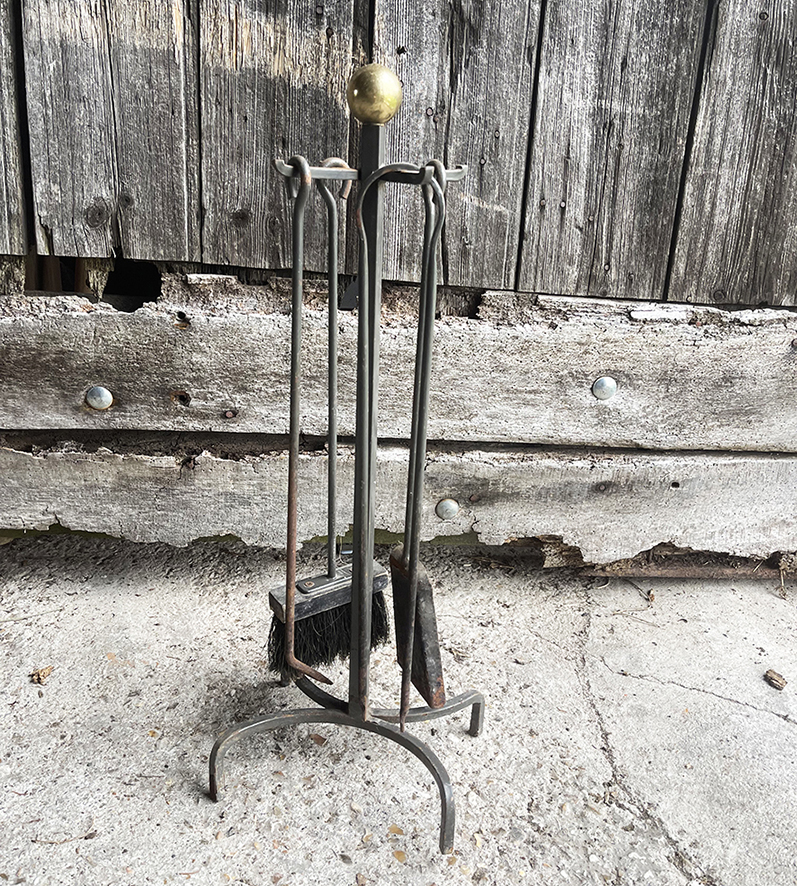 Ancien Serviteur de Cheminée en Fer Forgé & Laiton 4-Outils (2)