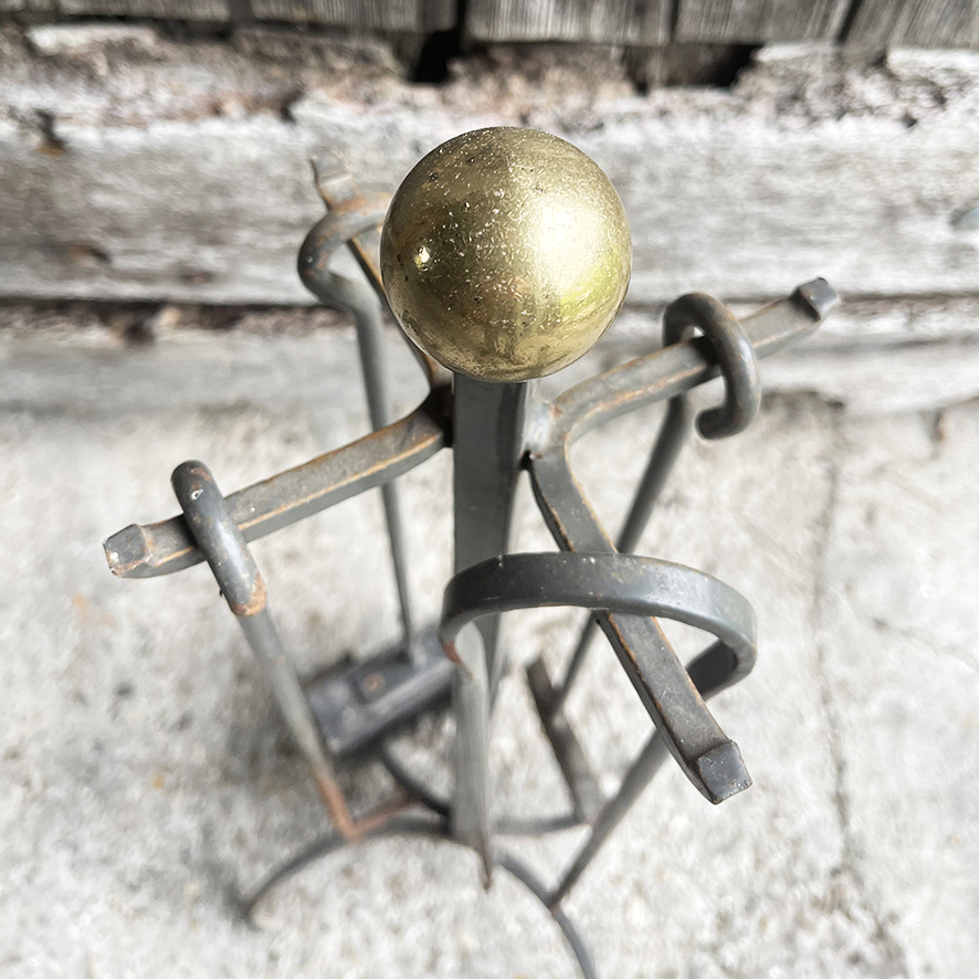 Ancien Serviteur de Cheminée en Fer Forgé & Laiton 4-Outils (3)