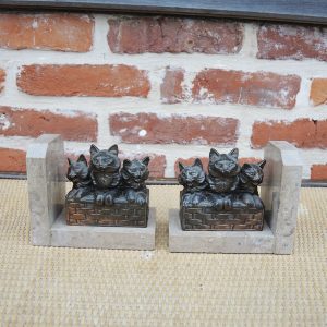 2 Anciens Serre-Livres Chat de Style Art Déco en Bronze & Marbre