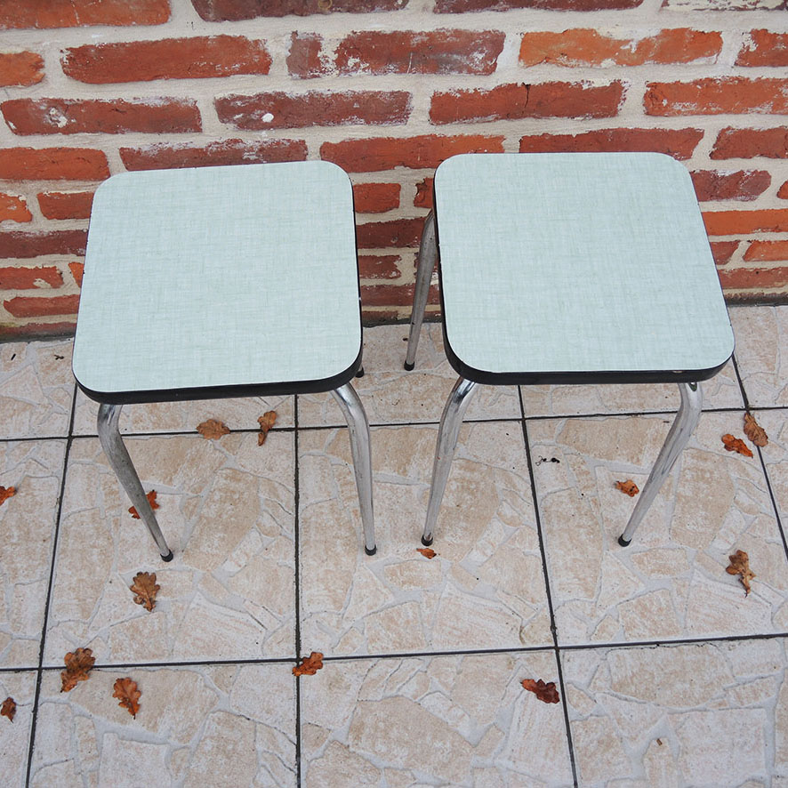 2 Anciens Tabourets Formica Vert D'Eau (4)