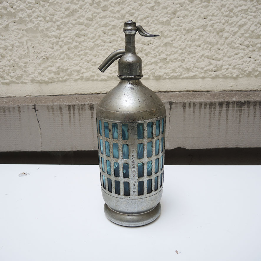 Ancien Siphon en Verre Bleu avec Cage Julien Paris (1)