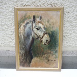 Ancien Tableau Huile sur Panneau Tête de Cheval Gris