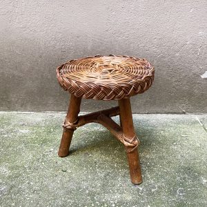 Ancien Tabouret Porte Plante en Bambou & Osier