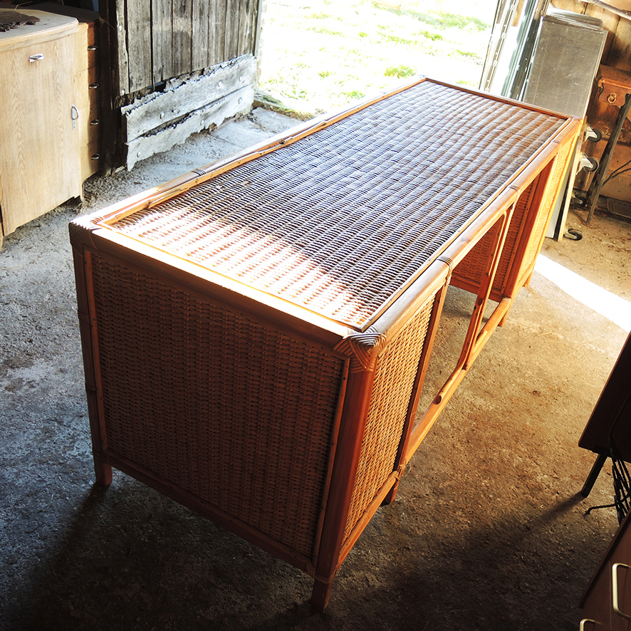 Ancien Très Grand Bureau en Bois & Osier Clair (2)