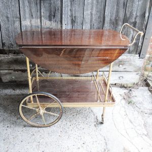 Ancienne Desserte Roulante en Laiton & Bois Verni