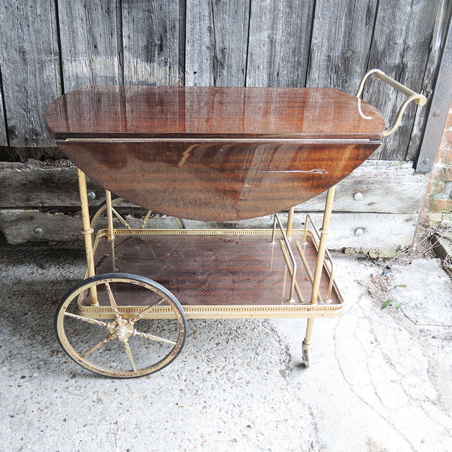 desserte-roulante-laiton-vintage Ancienne Desserte Roulante en Laiton & Bois Verni