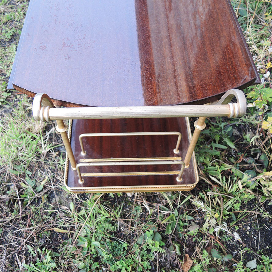 Ancienne Desserte Roulante en Laiton & Bois Verni (2)