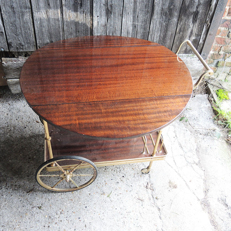 Ancienne Desserte Roulante en Laiton & Bois Verni (3)