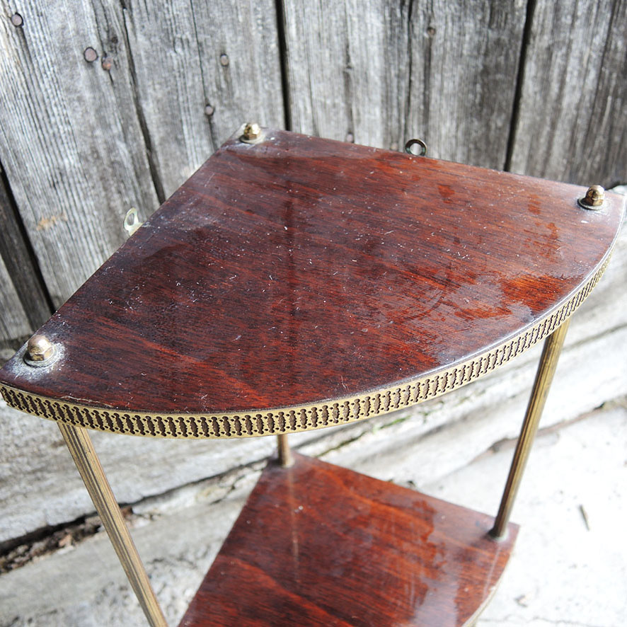 Ancienne Etagère d'Angle en Laiton & Bois Verni (2)