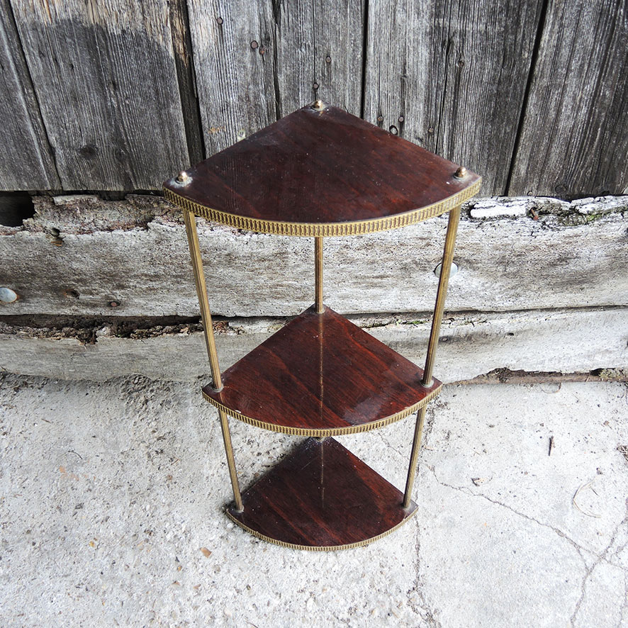 Ancienne Etagère d'Angle en Laiton & Bois Verni (4)