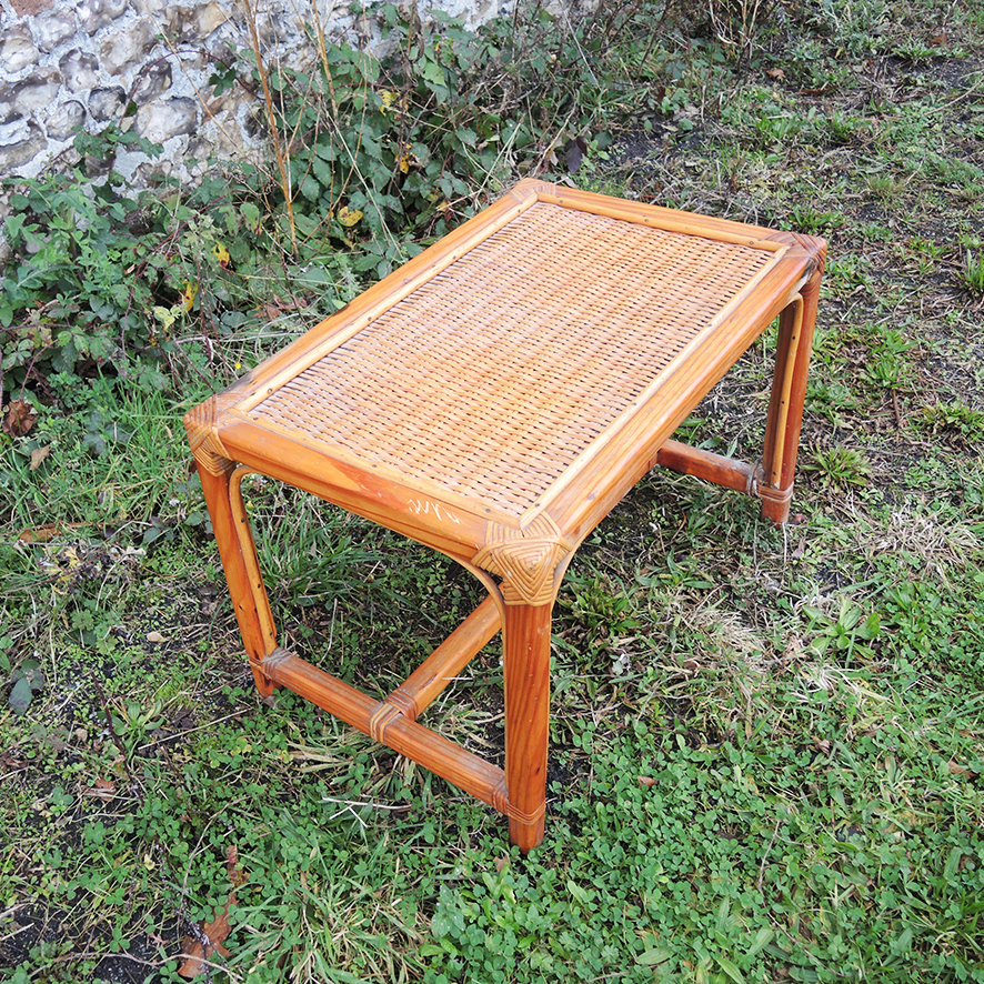 Ancienne Table Basse en Bois & Osier Clair (3)