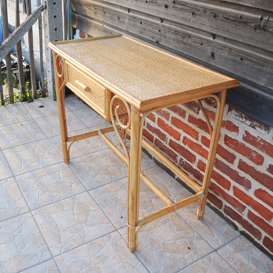 Ancien Bureau Coiffeuse en Bambou & Osier (3)