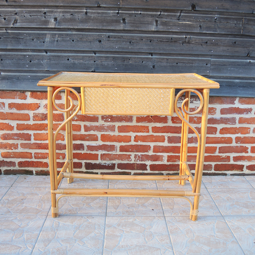 Ancien Bureau Coiffeuse en Bambou & Osier (4)